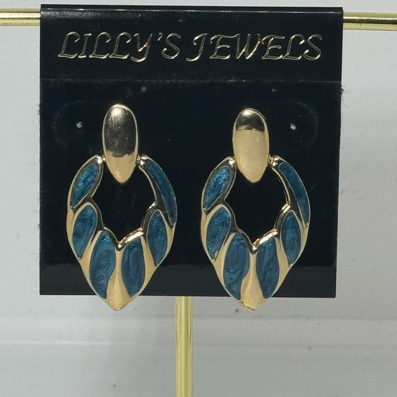 Vintage Gold & Blue Enamel Drop Earrings by Lilly’s - Classic & Elegant Design - Picture 2 of 7
